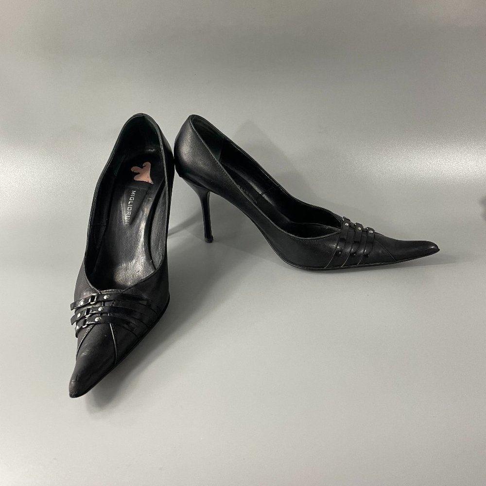 Migliorini Black Italian Leather Stiletto Heels Pointed Toe Pumps, Size 38